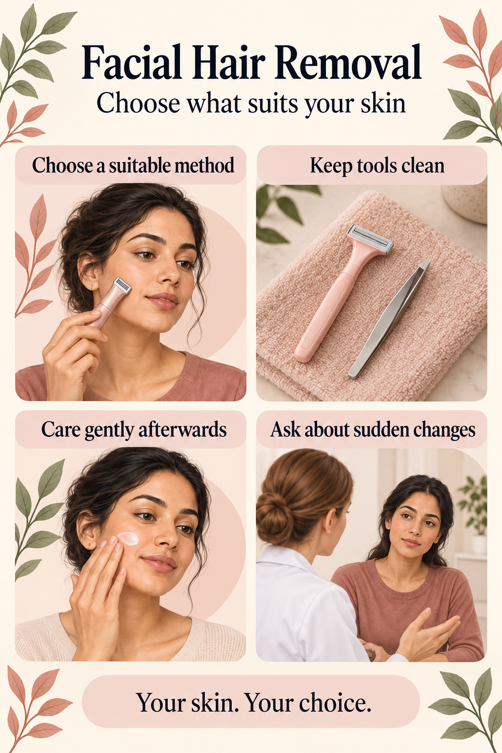 Illustrated guide to gentle facial hair removal and skin care.