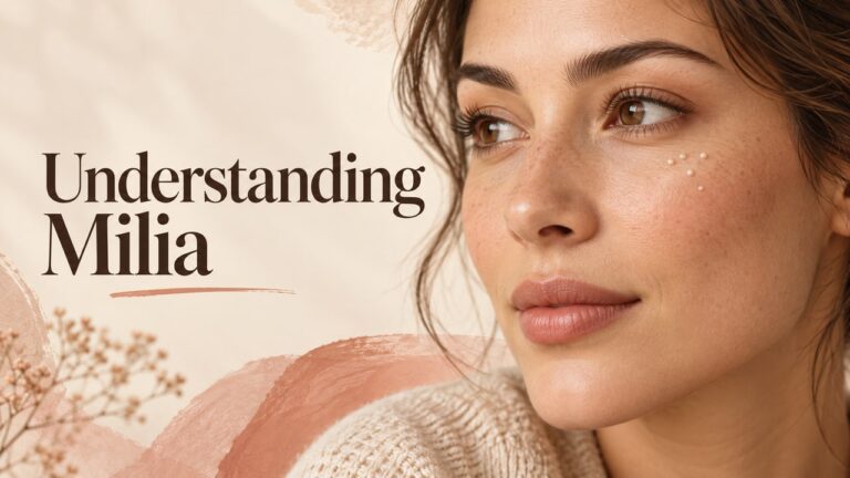 Editorial illustration of tiny pearly white bumps on a cheek beneath the eye.