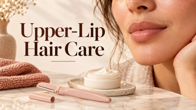 Editorial close-up of fine upper-lip hair beside a facial razor and moisturizer.