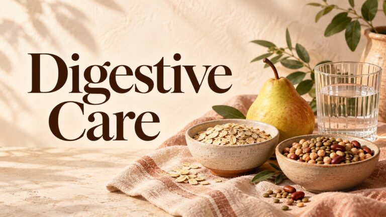 Editorial still life of oats, legumes, a pear and water, with the title Digestive Care.