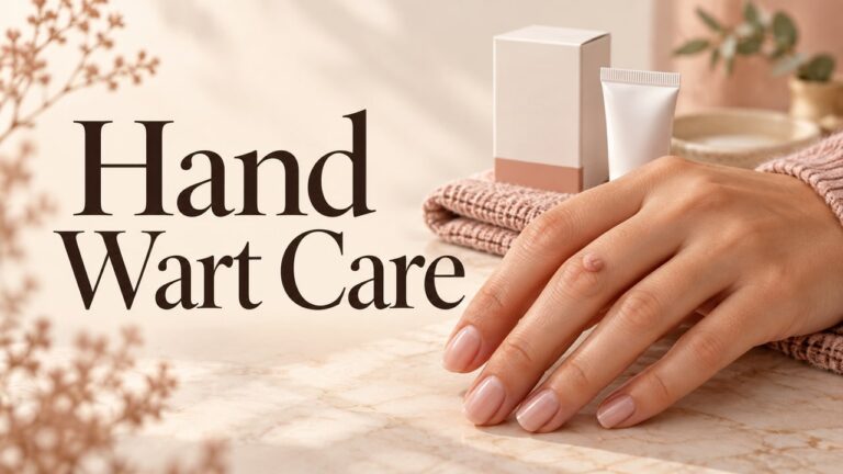 Editorial illustration of a hand with a small wart beside unbranded care products.