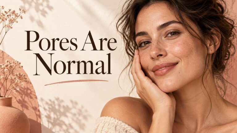 Editorial portrait showing natural facial skin texture, with the title Pores Are Normal.