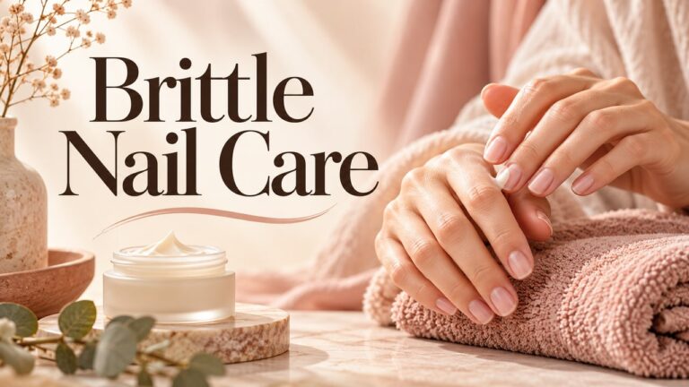 Editorial illustration of moisturizer being applied to short natural nails on a blush towel.