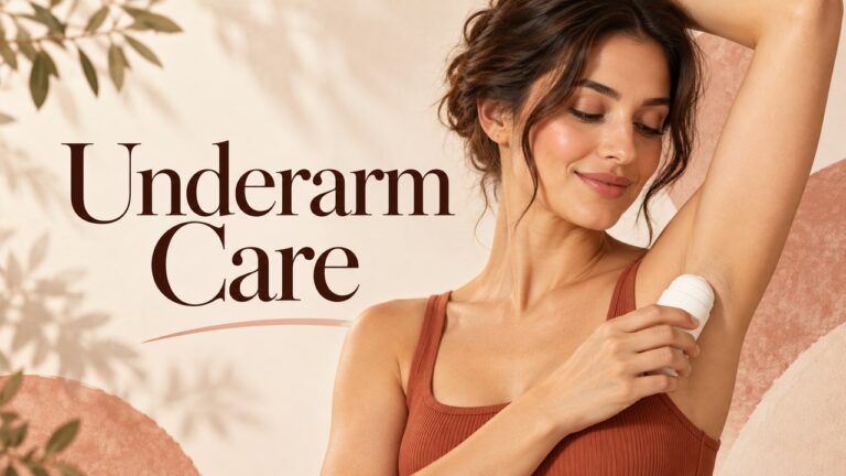 Editorial illustration of a woman applying antiperspirant, with the title Underarm Care.