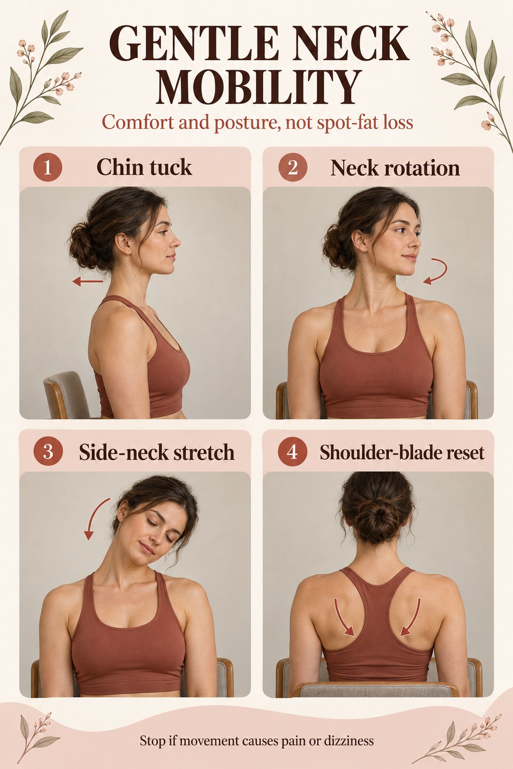 Illustrated guide to gentle chin tucks, neck turns, side stretches, and shoulder posture resets.