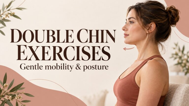 Editorial illustration of a woman demonstrating gentle chin-tuck posture, with the title “Double Chin Exercises: Gentle Mobility and Posture.”
